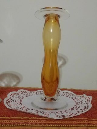 Set of 2 Amber Blenko pillar Candle Holder Vintage Art Glass 3