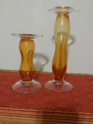 Set of 2 Amber Blenko pillar Candle Holder Vintage Art Glass 4