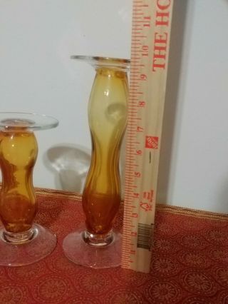 Set of 2 Amber Blenko pillar Candle Holder Vintage Art Glass 5