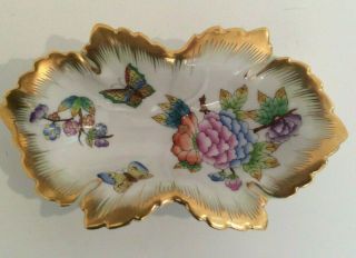Vtg Herend Queen Victoria Hand Painted Porcelain Leaf Dish,  150 Yr Anniv Trinket