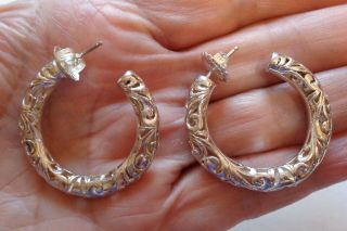 Large Sterling Silver.  925 Filigree Hoop Pierced Earrings 11.  8 Grams Vintage