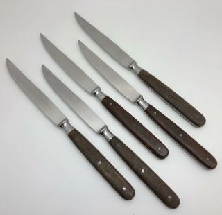 Intedge Vtg Set Of 5 Stainless Steak Knives W/ Wood Handles; Germany (rf964)