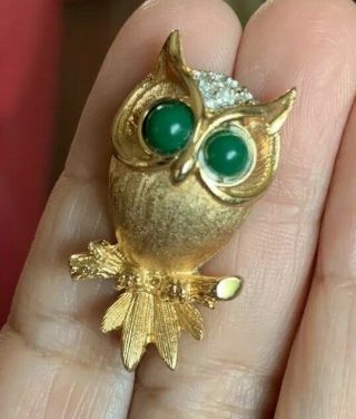 Fab Vtg Midcentury Sa Gold Owl Green Eyes Pave Rhinestone Sarah Cov? Brooch Pin