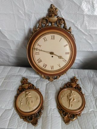 Vintage Syroco Clock Sconces Mid Century Hollywood Regency Gilt Gold Wall Decor
