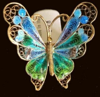Vintage 800 Silver Italian Plique A Jour Enamel Butterfly Pin 5 Turquoise Lime