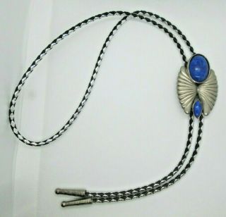 Vintage Western Bolo Tie Blue Stones Silver Tone Wings Black Leather Cord