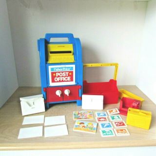 Vtg Fisher Price Post Office Mail Box Set Stamps Letters Mailbag,  More