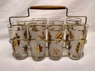 Vintage Mid Century Set Of 8 Libby Gold Leaf Drinking Glasses W/caddy Carrier