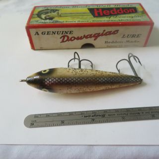 Fishing Lures Vintage Heddon 4¼ " Wood Zaragossa Silver Flash And Box