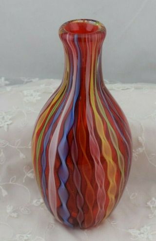 Vintage Murano Glass Vase Red Multi Color Stripes