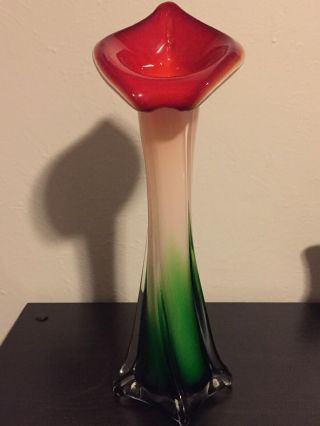 Vintage Italy Murano Glass Green & Red Tulip Vase 12 " H Hand Blown Glass