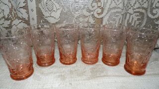 Vintage Pink Floral Embossed Drinking Glasses Set Of 6