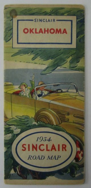 Vtg Sinclair Oklahoma Road Map Gas Station Advertising Route 66 Oil Dino 1934