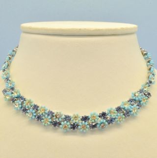 Vintage Necklace Leru 1950s Blue Plastic Flowers & Crystals Silvertone Jewellery