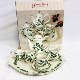 Formalities Holiday Miniature Tea Set W/ Tray Baum Brothers Holly Berry 10pc Vtg