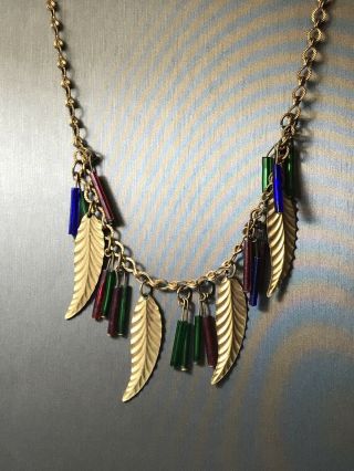 Vintage Marino Signed Gold Tone Necklace W/ Blue,  Red,  Green Glass Tube Beads 16 "
