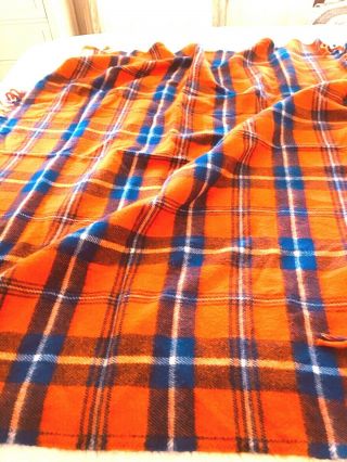 Blanket Vtg Plaid Checkered Orange Blue Wool Throw