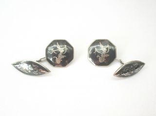 Vintage 1940s Siam Silver,  Niello Chain Link Cufflinks With Dancing Goddess