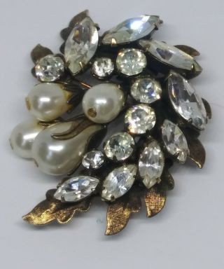 Vintage Regency Brooch Baroque Glass Pearls Rhinestones Gold Flower Leaves Pin
