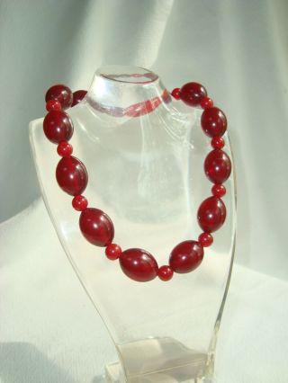 Vintage Ruby Red Color Bakelite Olive Shape Bead Necklace