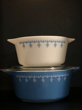 Vintage Pyrex Snowflake Garland Casserole Bowl Set 474 & 475 with Lid 8