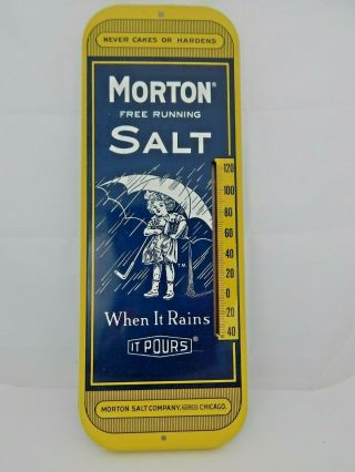 Vintage Morton Salt Thermometer Advertising Sign " It Rains It Pours "