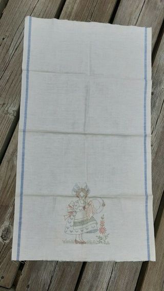 Vtg Stamped To Embroider Linen Stripe Kitchen Towel Dish Towel Cloth Dutch Girl