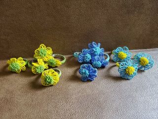 12 Vintage Napkin Rings Beaded Blue Yellow Green Flowers Handmade Summer D8