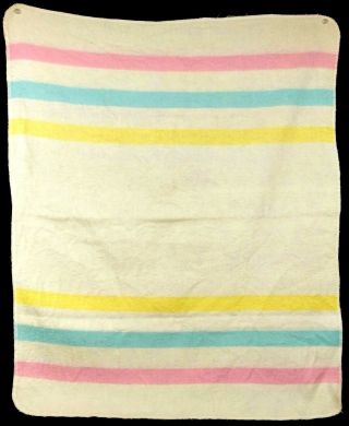 Vintage Baby Blanket Pastel Striped Soft Fluffy Acrylic Yellow Pink Blue Esmond