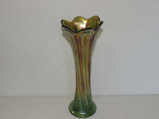Vintage Tall Green Carnival Glass Stretch Glass Feather Design Vase