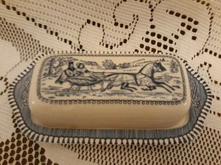 Vintage Currier And Ives Royal China Covered Butter Dish Sleigh Winter Lovely