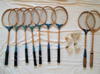 Vintage Blue Ribbon Wooden Wood Badminton Rackets Racquets 7,  Nets,  Birdies
