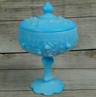 Vintage Fenton Glass Rose Blue Marble Tall Covered Candy Box Dish Lidded Slag