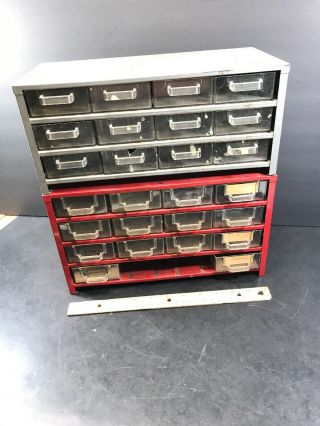 Vintage Metal Storage Box Bins Trays Cabinet Drawer Red & Gray