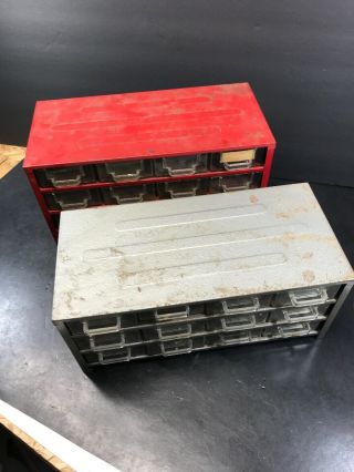 VINTAGE Metal STORAGE BOX BINS TRAYS CABINET DRAWER Red & Gray 8
