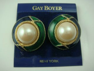 Vintage Gay Boyer Faux Pearl Green Blue Enamel Clip Earrings On Orig Card