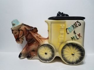 Vintage 1950s American Bisque Cookies Horse & Milk Wagon Cookie Jar W/ Cat Lid.