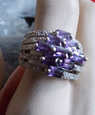 Gorgeous Vintage Silver Plated Wide Cocktail Ring Purple Amethyst Baguette Cz