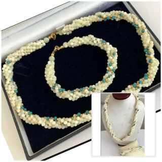 Vintage Jewellery Mother Of Pearl & Turquoise Beaded Twist Necklace & Bracelet