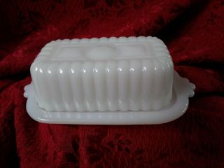 Vintage White Milk Glass Ribbed Half Stick Small Butter Dish With Lid