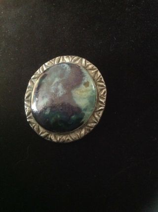 Vintage Hand Made Arts & Crafts Large Pewter & Blue Agate Ruskin Brooch Pin