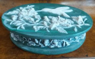Vintage Teal Colored Incolay Oval Box With Hinge And Humingbird