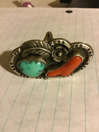 Huge Vintage Navajo Turquoise Coral Sterling Silver Ring Old,  Solid,  Chunky.  Fine.