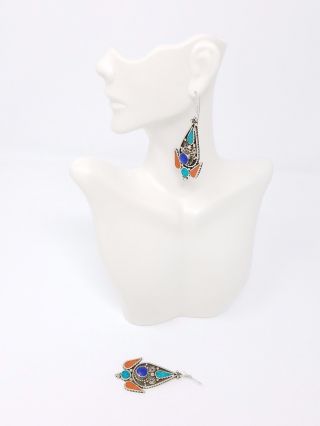 Vintage Afghan Kuchi Earrings Afghan Jewelry,  Lapis And Coral Stone Gypsy