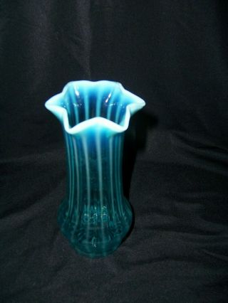 Vintage Fenton 8 " Blue Opalescent Rib Optic Vase