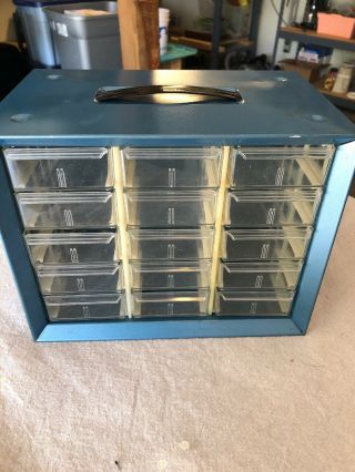 Vintage Blue Akro Mils Metal 15 - Drawer Parts Cabinet Organizer Storage