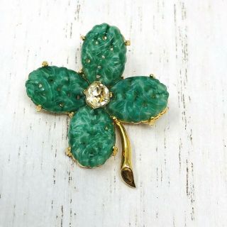 Vintage Four Leaf Clover Carved Faux Jade Brooch Pin Good Luck Rhinestone Green