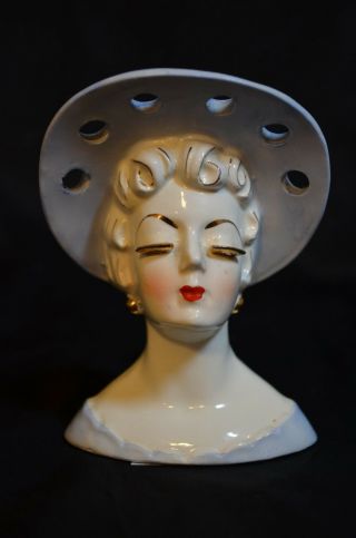 Vintage Lady Head Vase,  Irice ?,  Blue Hat And Dress,  Thick Gold Eyelashes 4 1/2 "