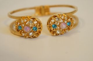 Vintage Sky Blue And Clear Rhinestone Pink Opal Glass Cabochon Clamper Bracelet
