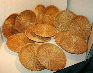 13 Vintage Straw Wicker Woven Rattan 9 " Round Plate Holders Picnic